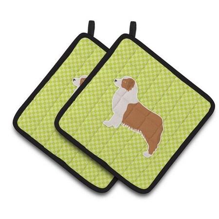 Carolines Treasures Carolines Treasures BB3833PTHD Australian Shepherd Dog Checkerboard Green Pair of Pot Holders BB3833PTHD